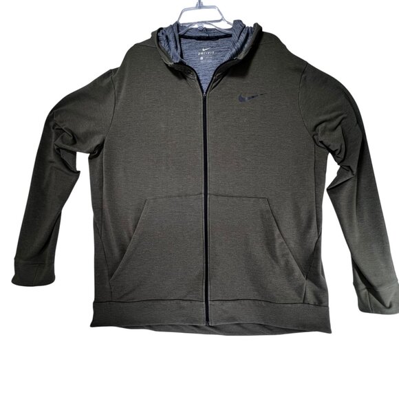 Nike Mens Dri-Fit Full Zip Hoodie Jacket Olive Green Lightweight Pockets XL - Picture 1 of 15